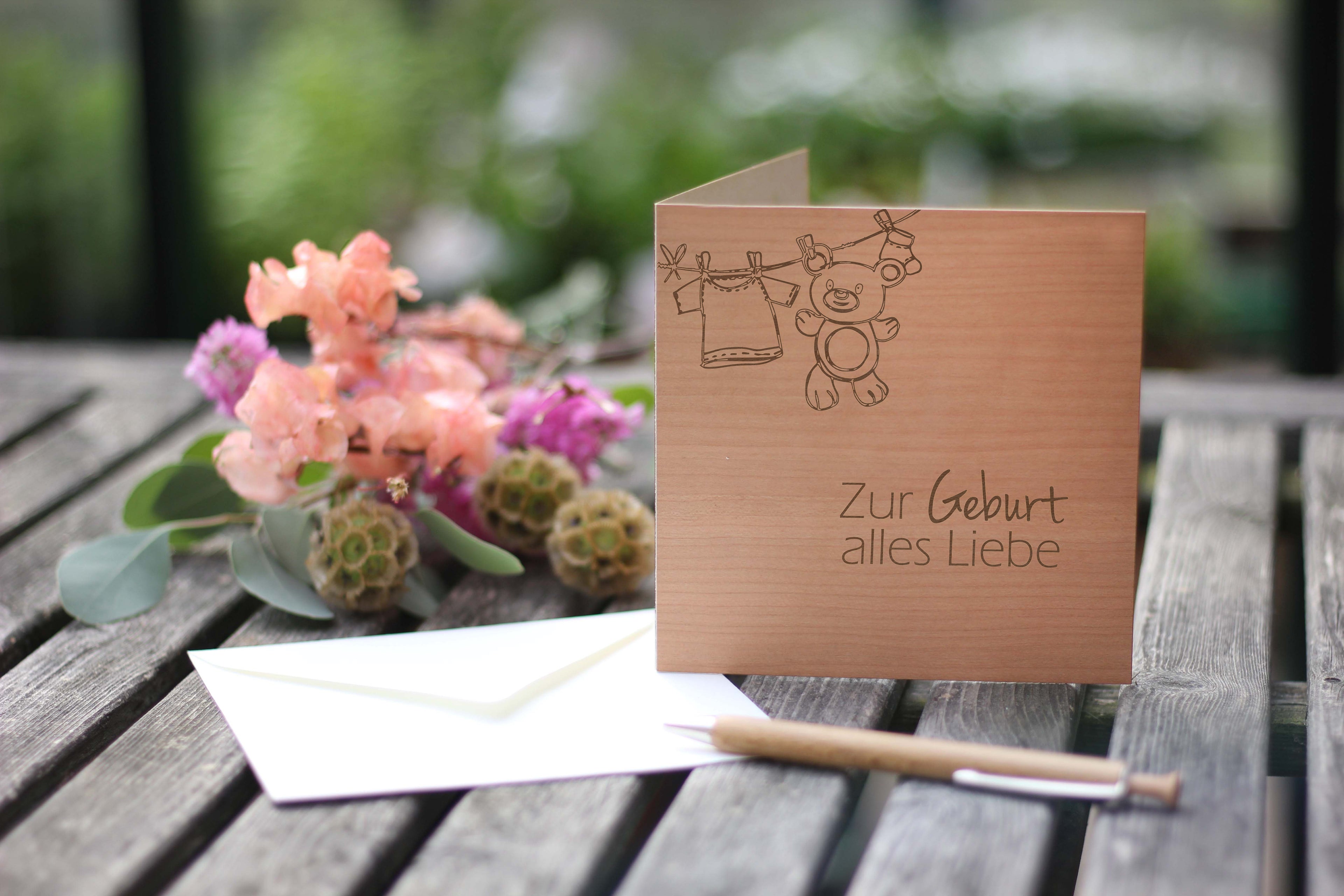 Holzgrusskarte - Zur Geburt alles Liebe