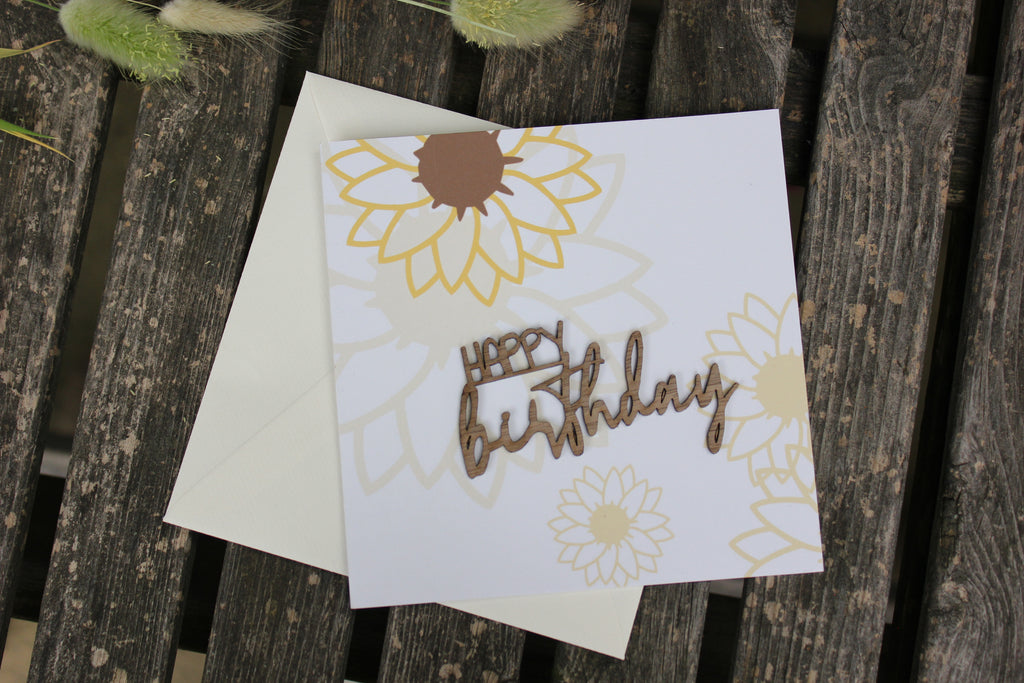 Grußkarte mit Holzsticker - Happy Birthday Sonnenblume