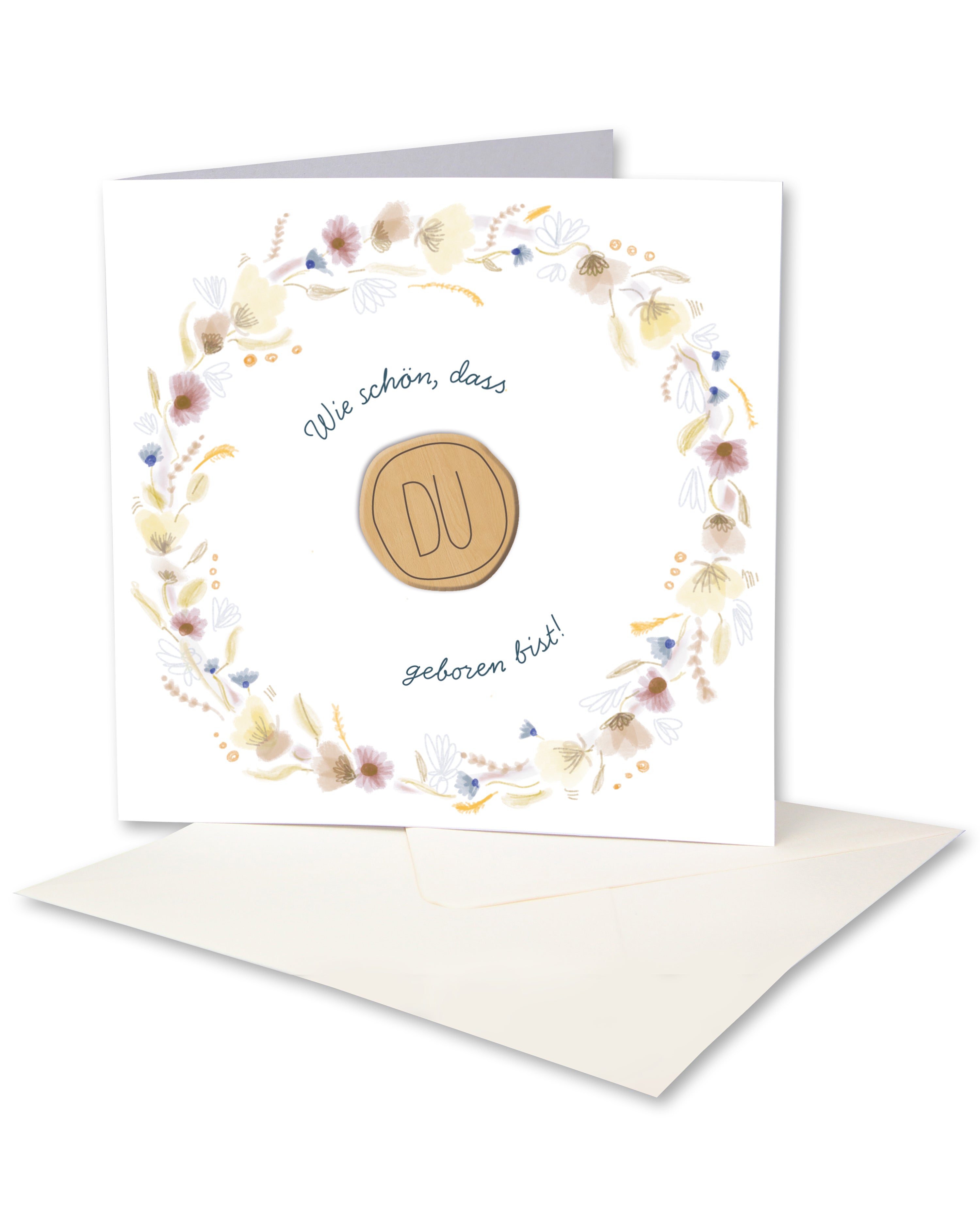 Grußkarte mit Holzsticker - Blumenkranz