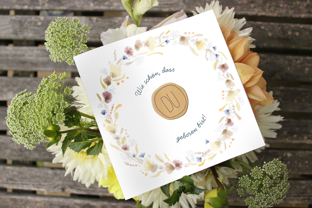 Grußkarte mit Holzsticker - Blumenkranz