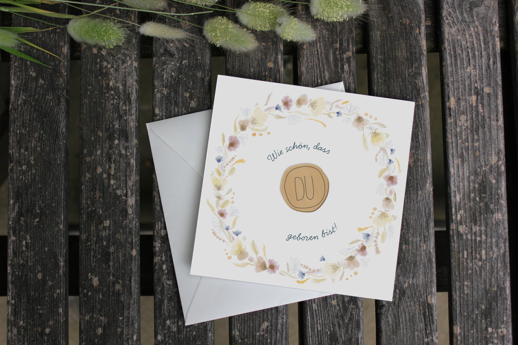 Grußkarte mit Holzsticker - Blumenkranz