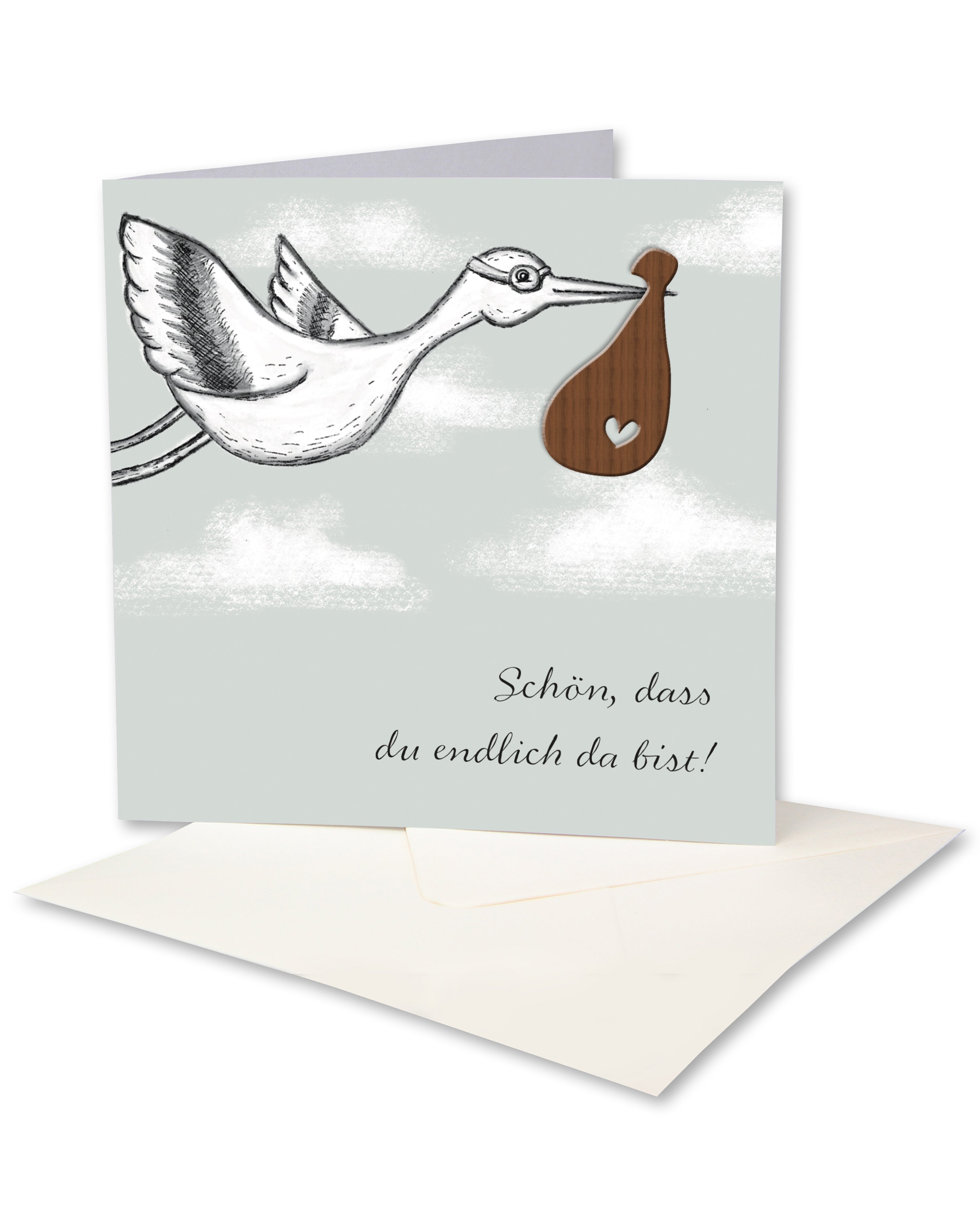 Grußkarte mit Holzsticker - Baby Storch 