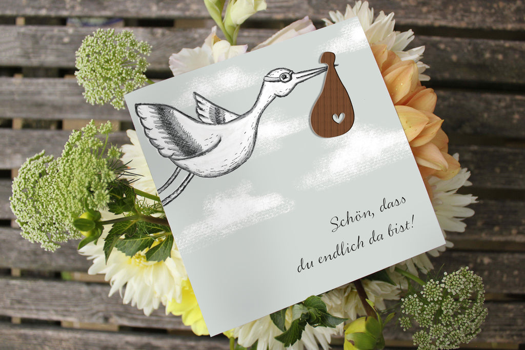 Grußkarte mit Holzsticker - Baby Storch 