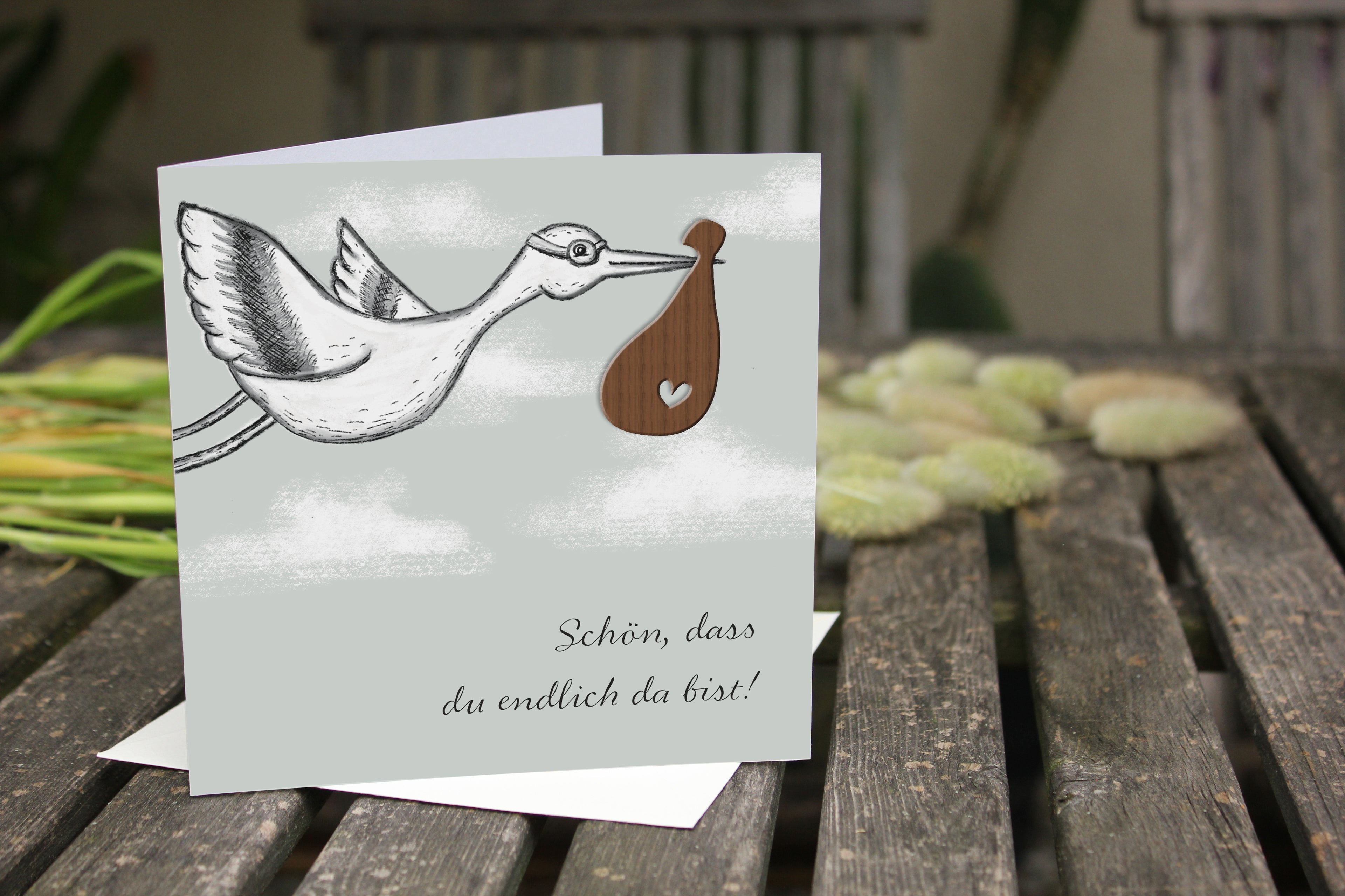 Grußkarte mit Holzsticker - Baby Storch 