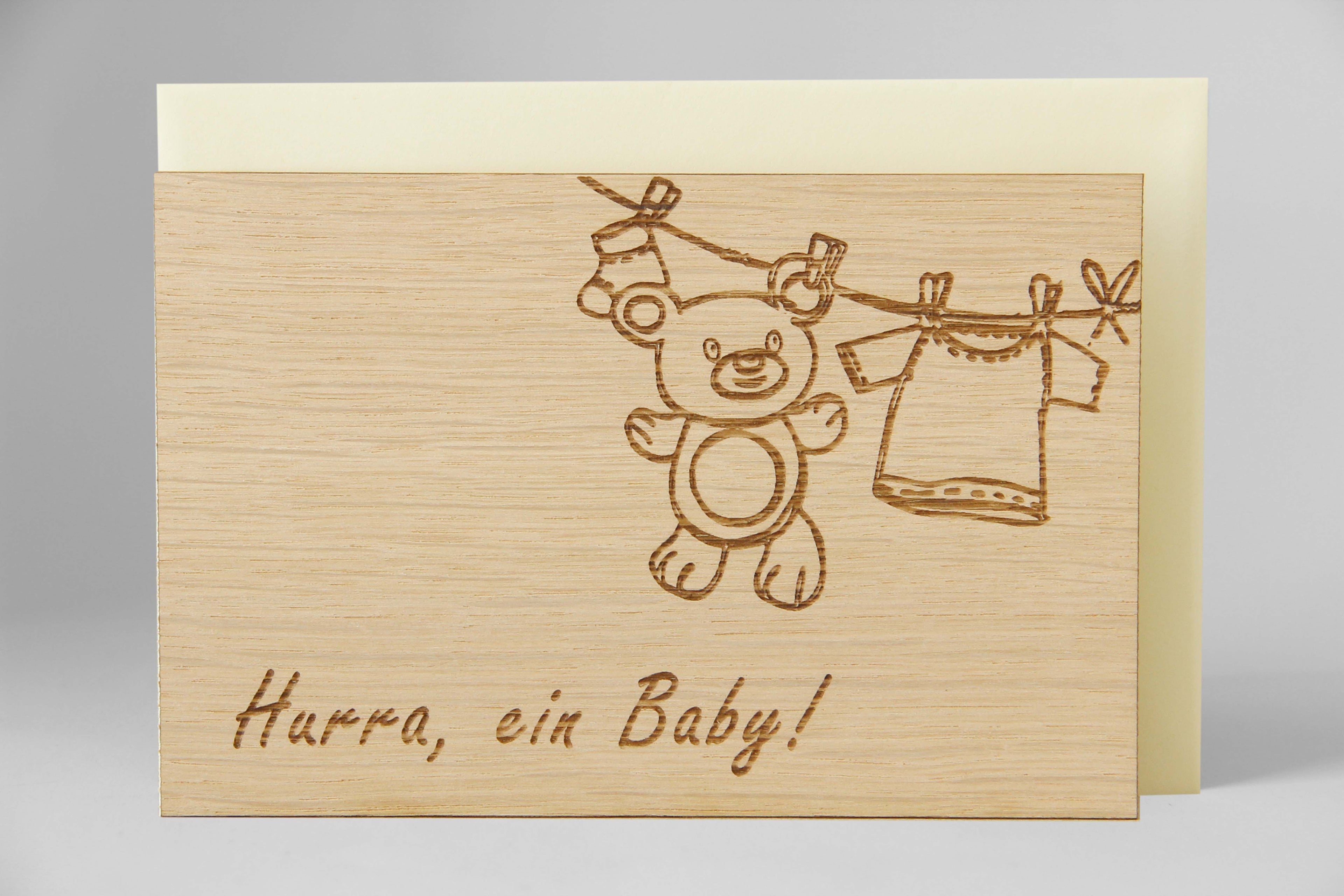 Holzgrusskarte - Hurra, ein Baby!